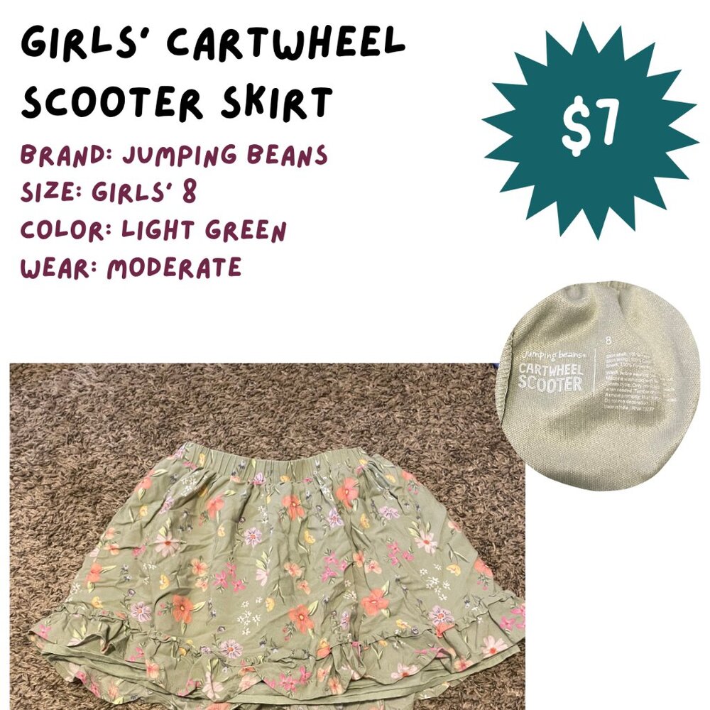 Girls' Cartwheel Scooter Skirt, Green Floral, Size 8, Jumping Beans